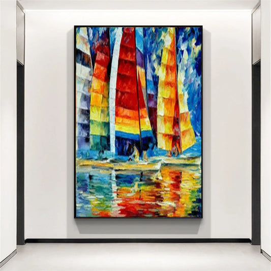 Rainbow Colour Sea Sailing Boat Textured Painting