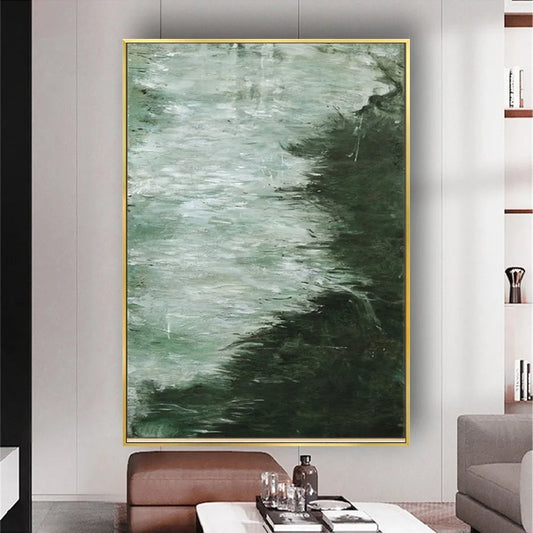 Dark Green Nordic-Style River Modern Oil Painting