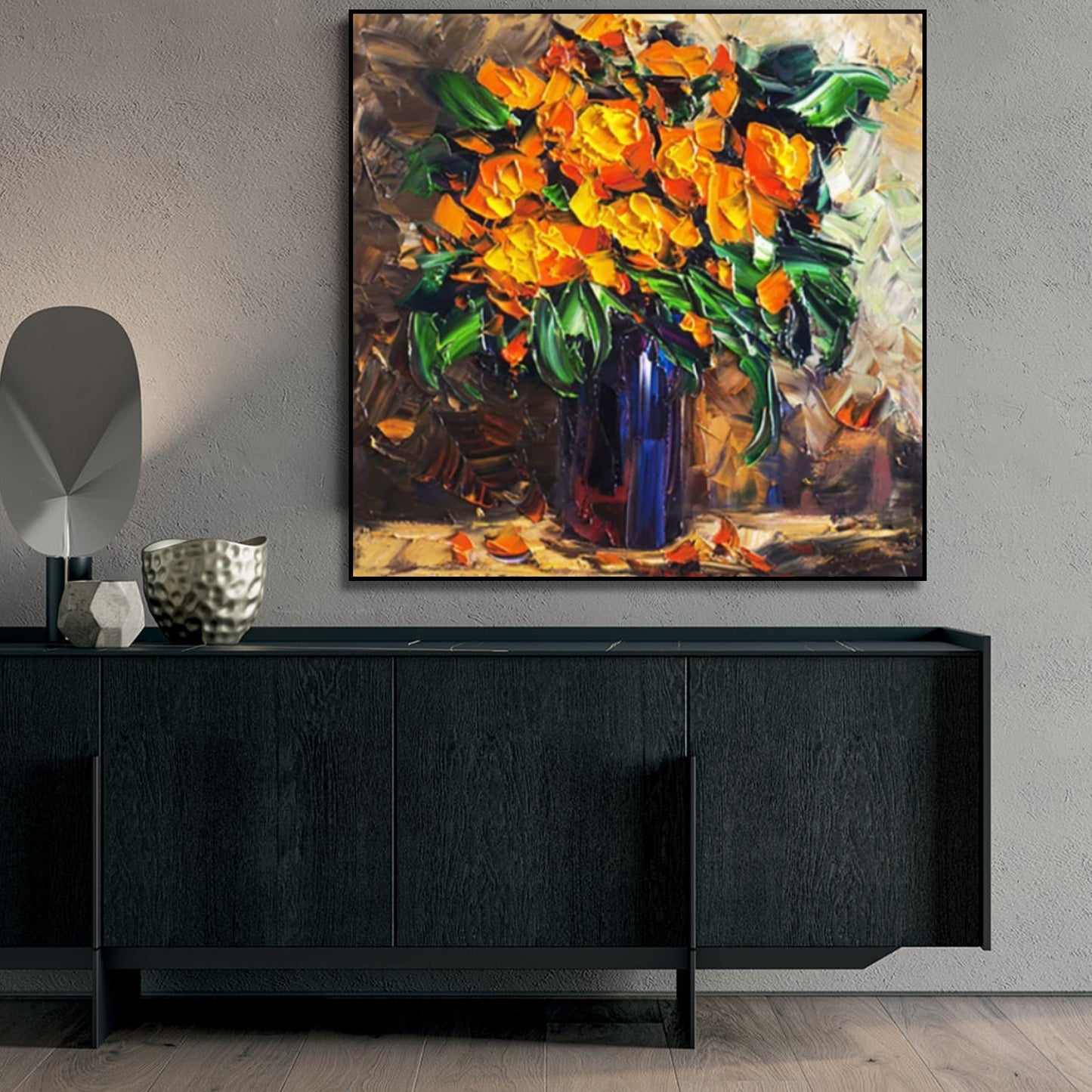 Vivid Orange Flower Vase Textured Nordic Style Painting