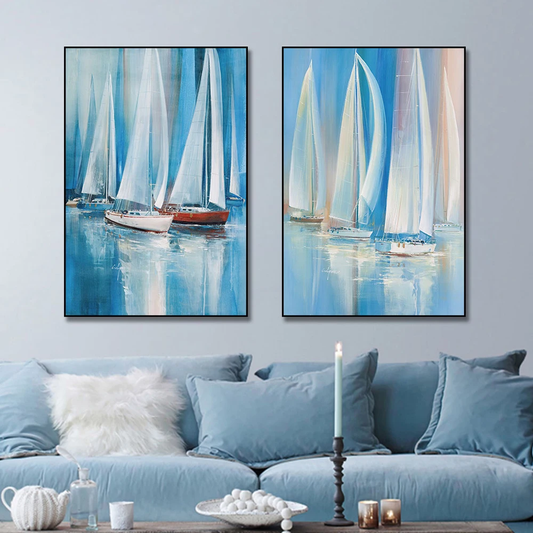 Set of 2 Blue Sailing Boats Textured Seascape Painting