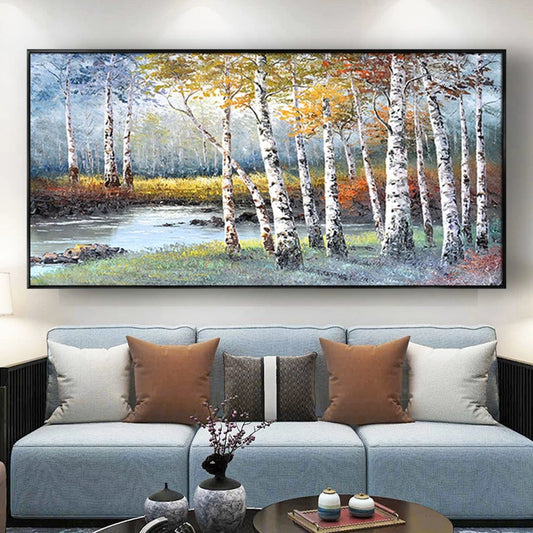 Large Birch Forest Lake Dreamlike Landscape Painting