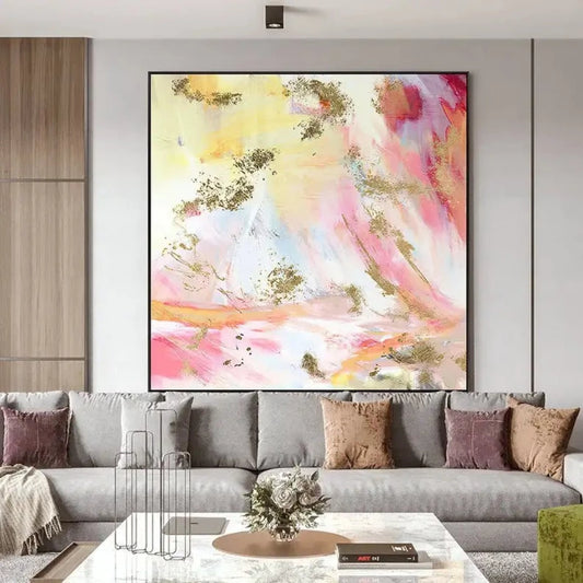 Large Blush Pink Gold Foil Textured Oil Painting
