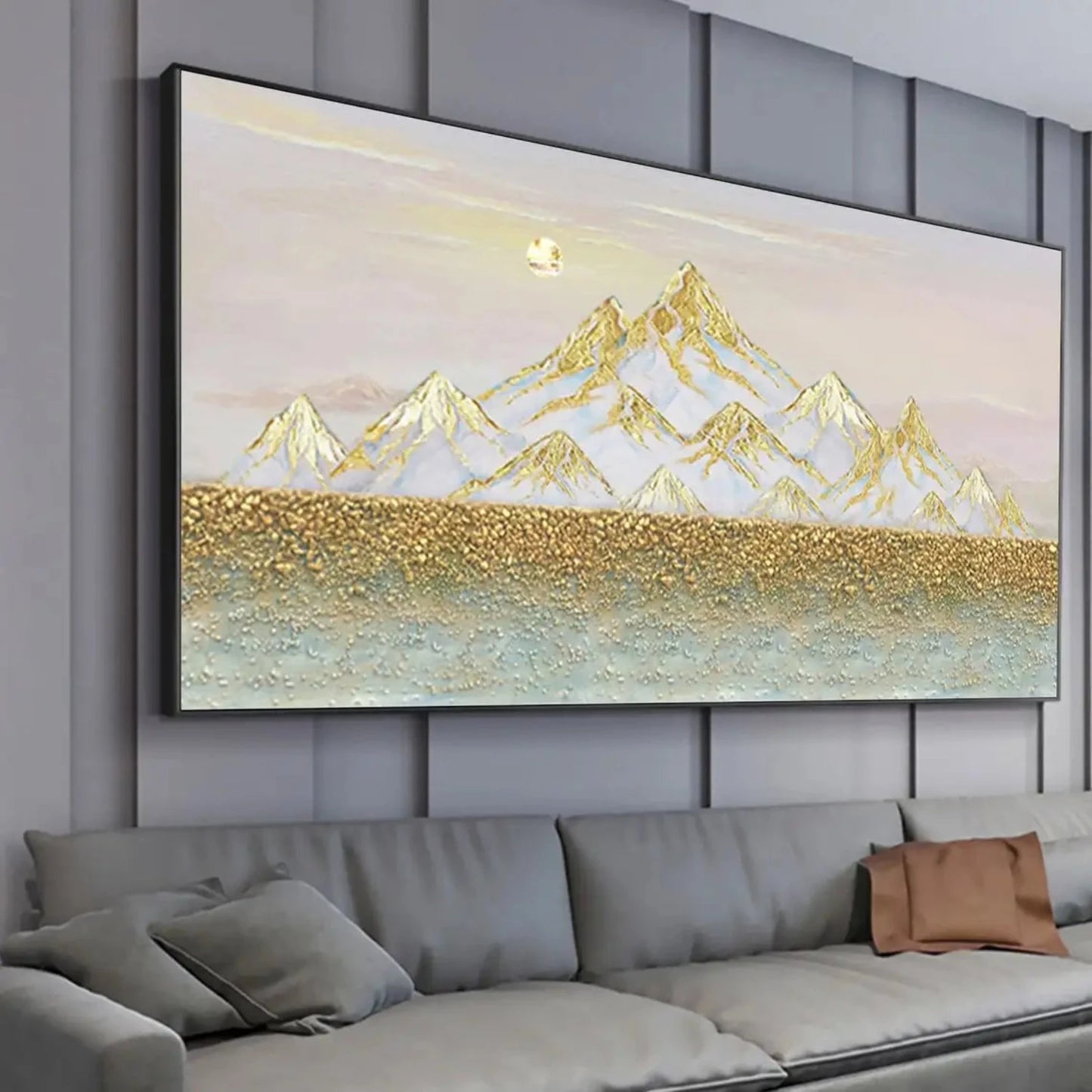 3D Gold Foil Textured Mountains Landscape Painting