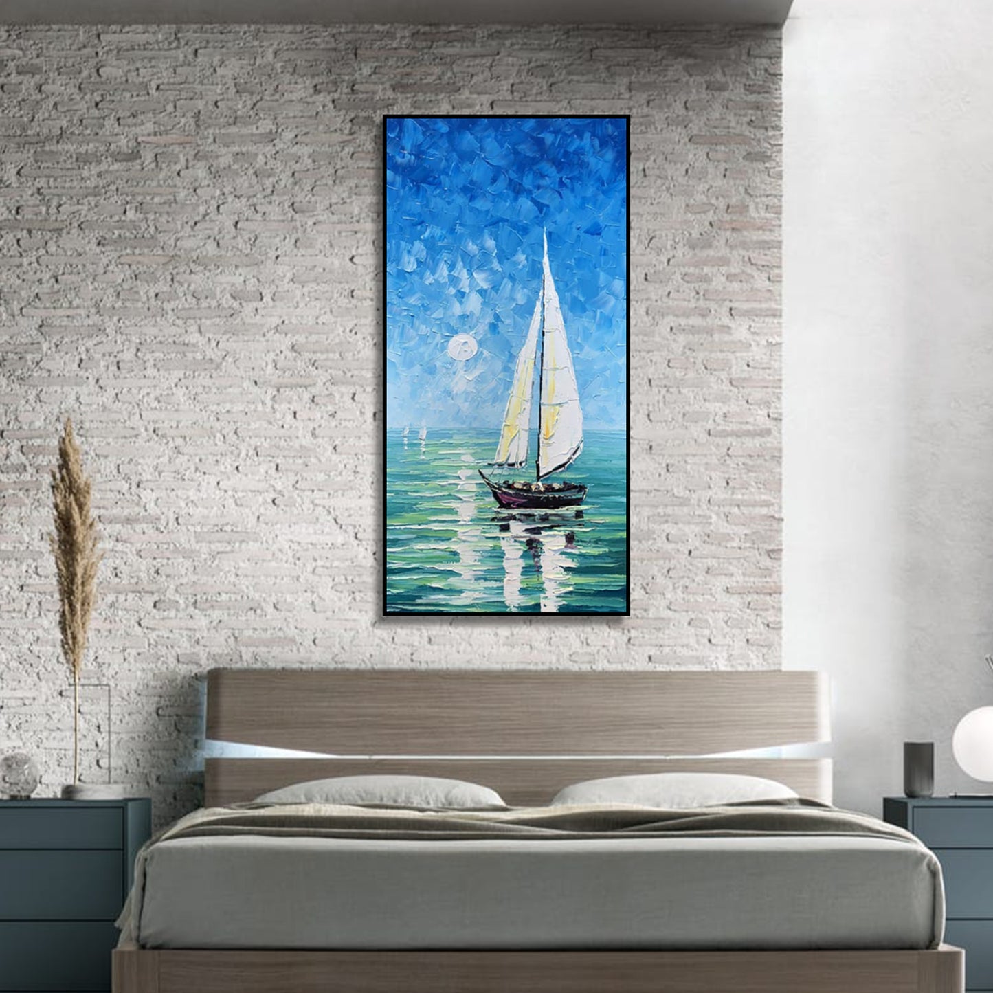 Tranquil Moonlight Sailboat Textured Blue Sea Wall Art