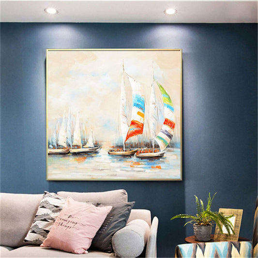 Abstract Colourful Sailboats Ocean Oil Painting