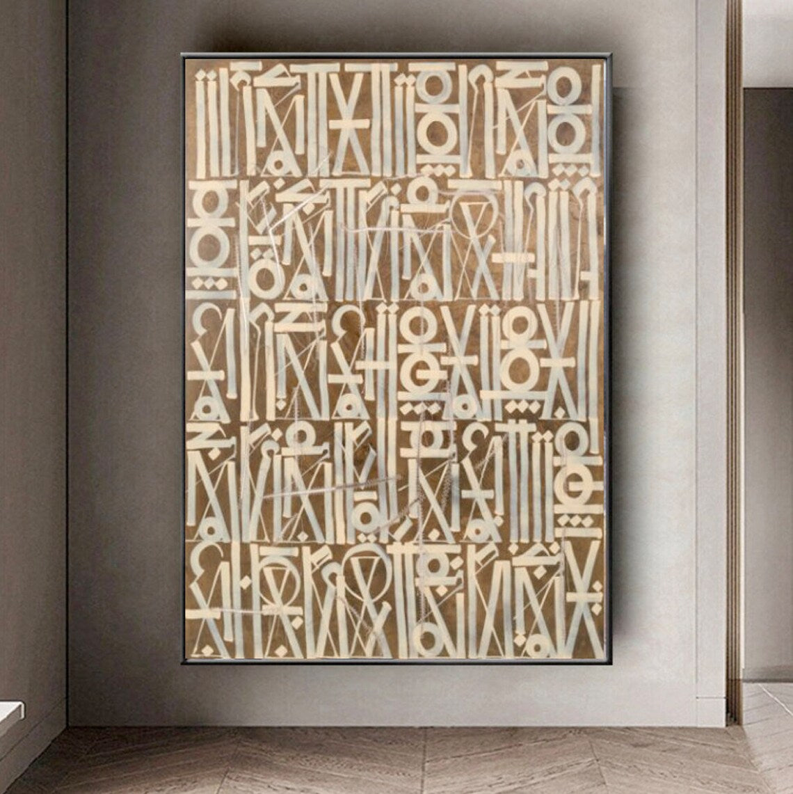 Beige and Gold Retna Graffiti Oil Painting