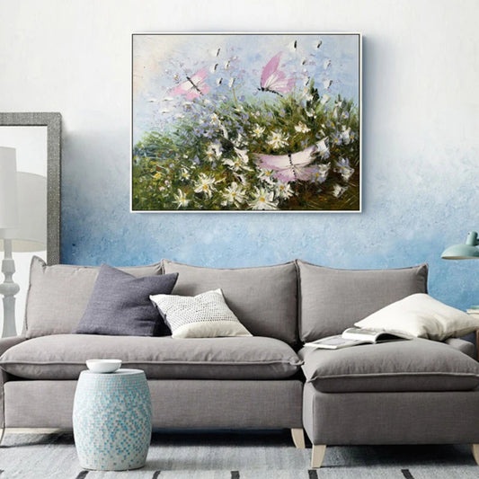 Whimsical Butterflies and Daisies Textured Floral Painting
