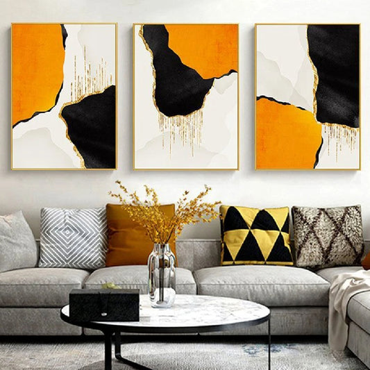 Orange & Black Contrast Home Decoration Set of 3 Abstract Painting