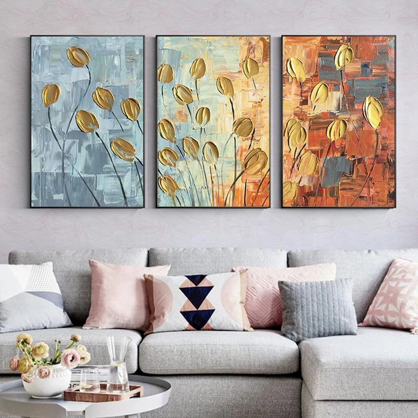 Yellow Coloured Tulips Flowers Set of 3 Home Decor Painting
