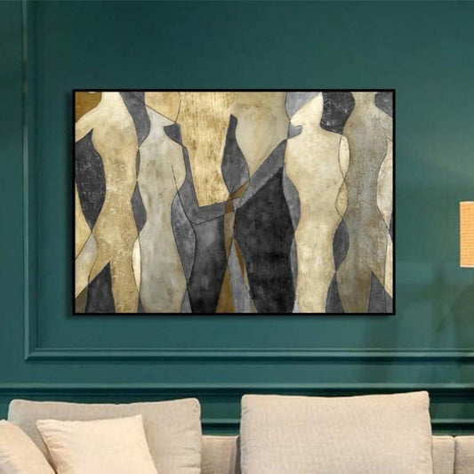 Abstract Grey & Gold Figures Dancing Artwork