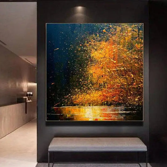 Autumn Forest Lake Abstract Gold Textured Painting