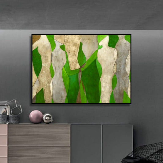 Bright Green & Gold Figures Abstract Oil Painting