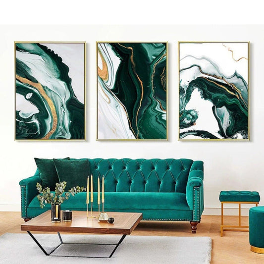 Abstract Green Gold Liquid Set of 3 Oil Painting