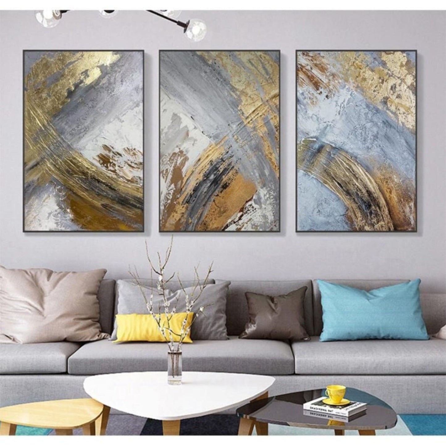 Grey Gold Marble Effect Set of 3 Hand Painted Art