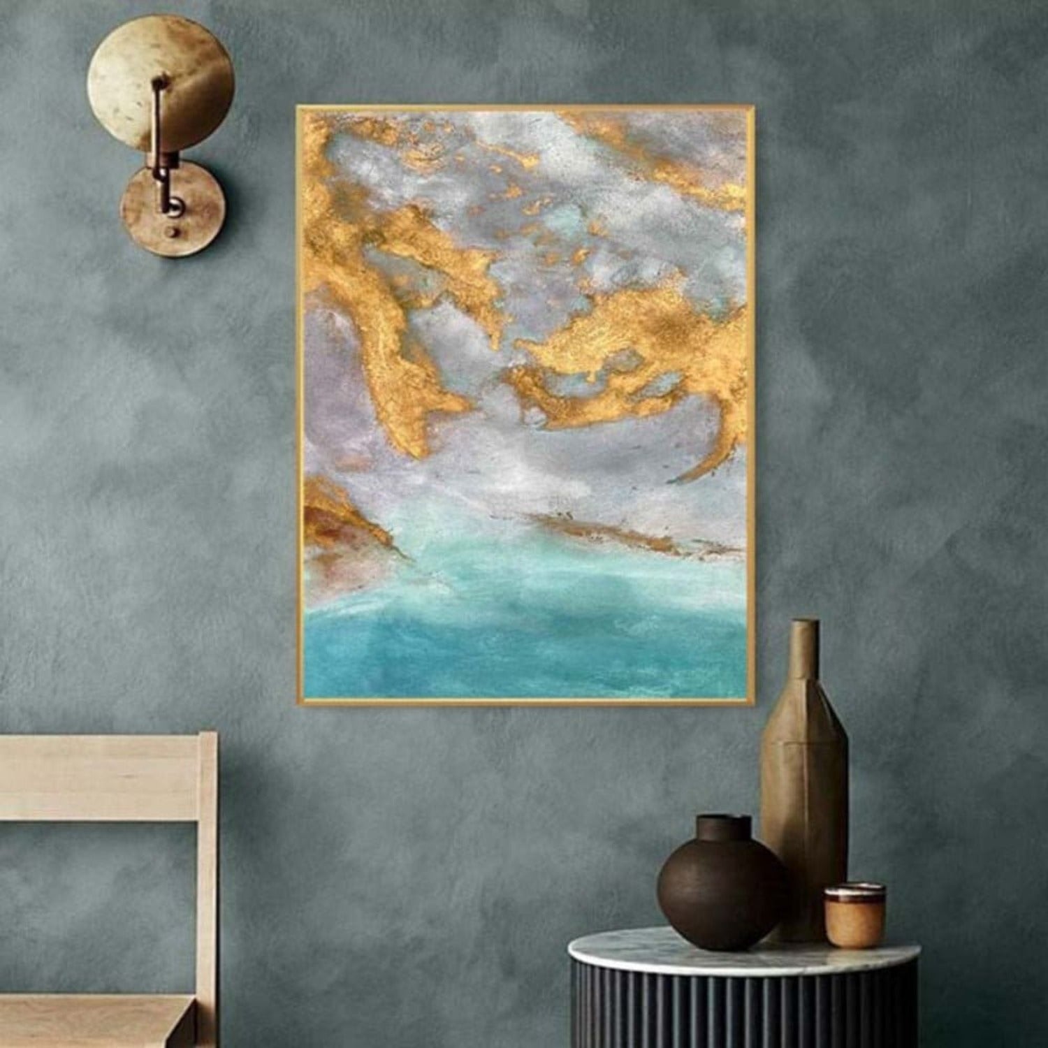 Light Blue and Gold Abstract Ocean Oil Painting