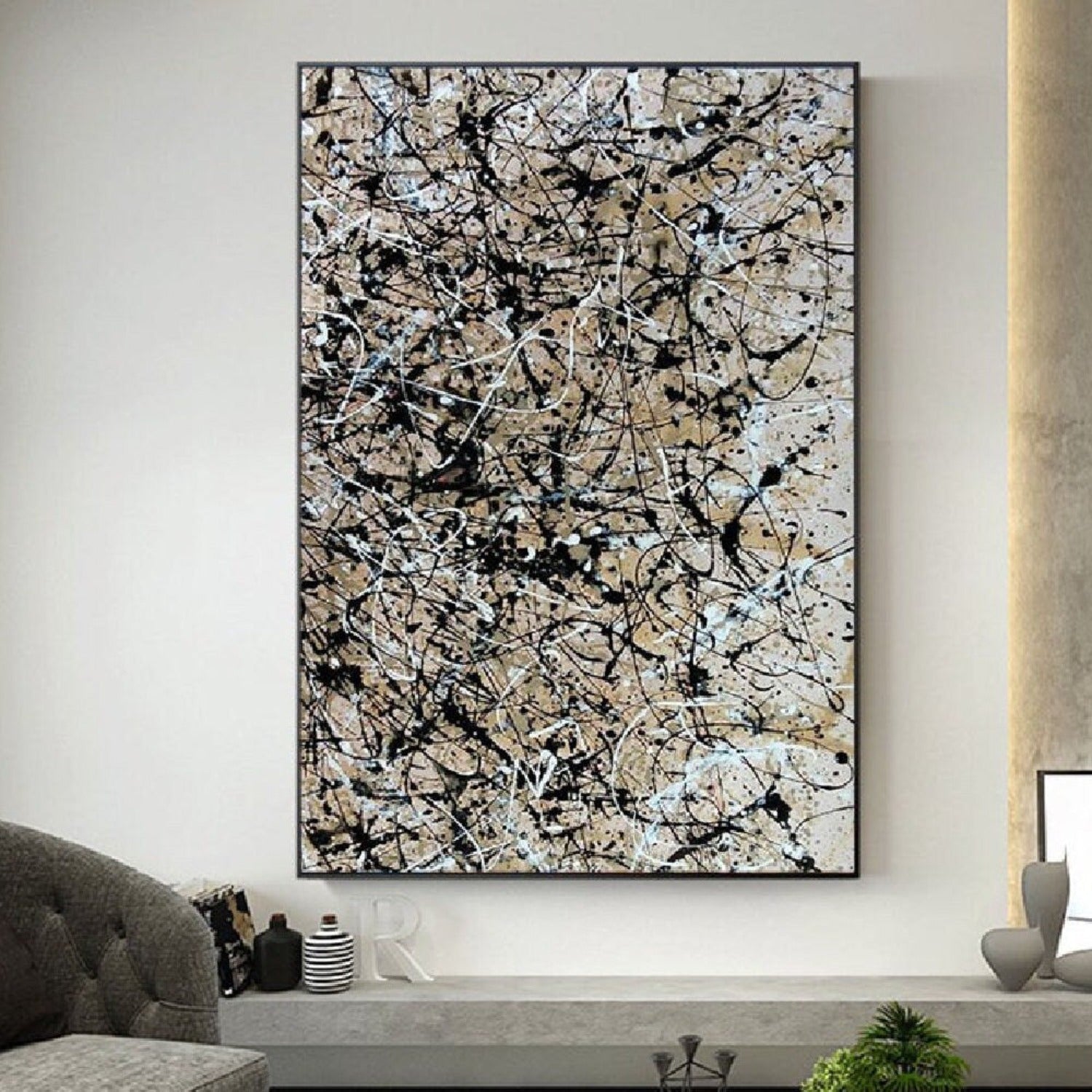 Beige Black 100% Hand Painted Abstract Drip Art