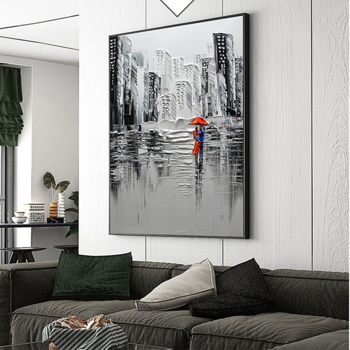 Walking Couple in Rain 100% Hand Painted Cityscape