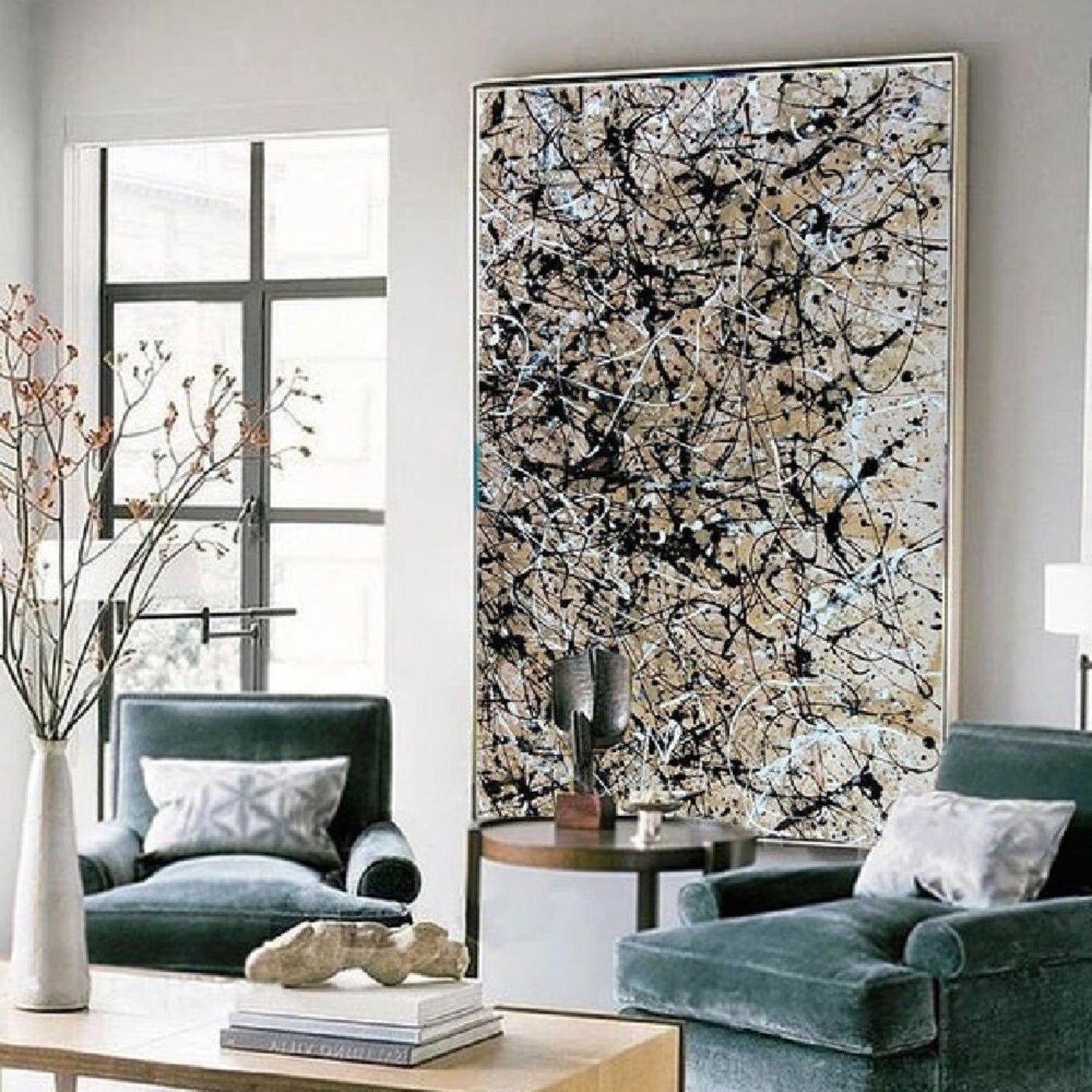 Beige Black 100% Hand Painted Abstract Drip Art