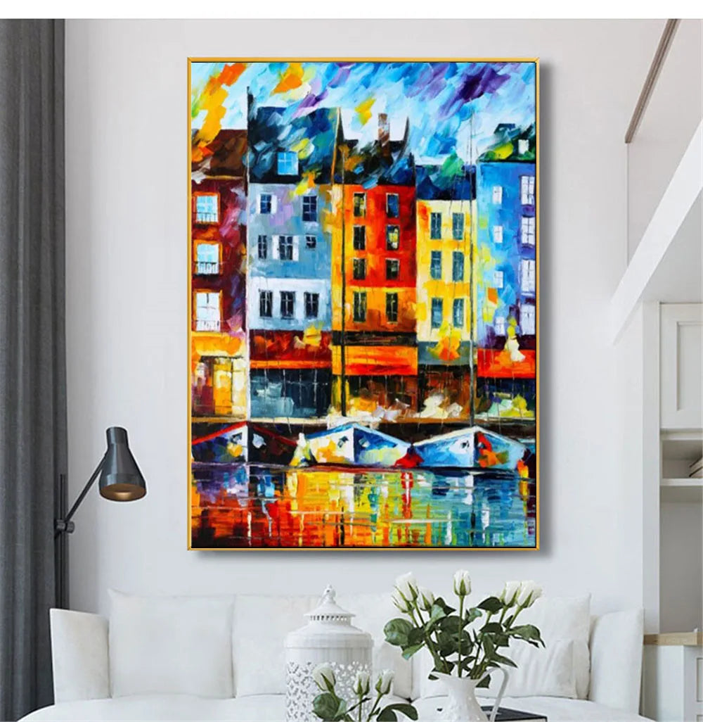 Vibrant Colourful Rainy Architectural Cityscape Painting