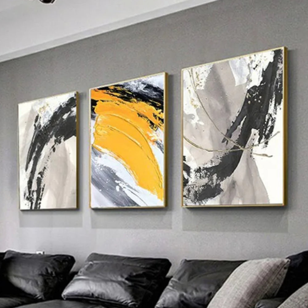 3D Yellow Grey Set of 3 Wall Hanging Textured Art