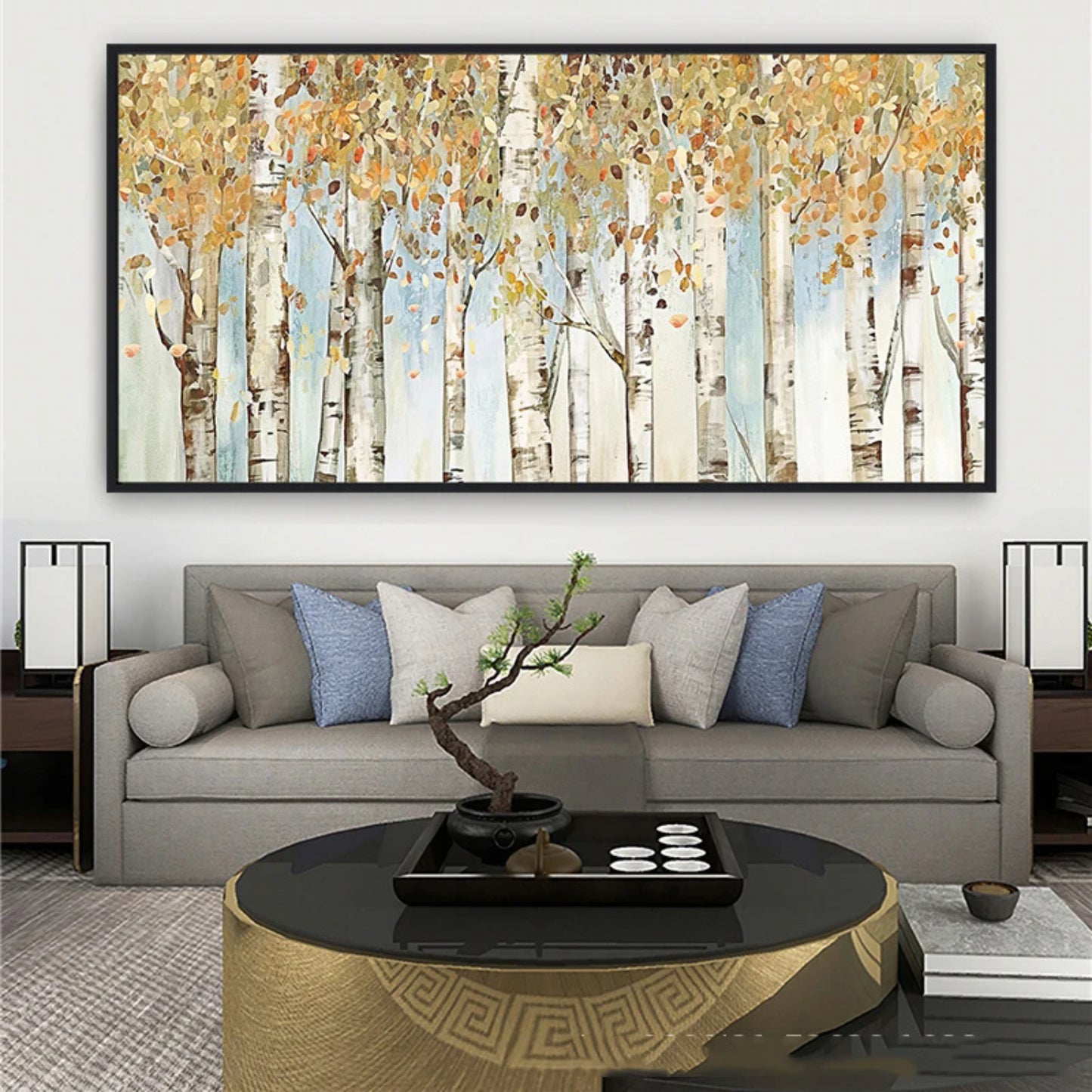 Abstract Yellow Birch Forest Textured Oil Painting
