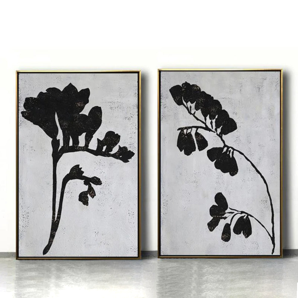  Set of 2 Black White Floral Branches Minimalist Art