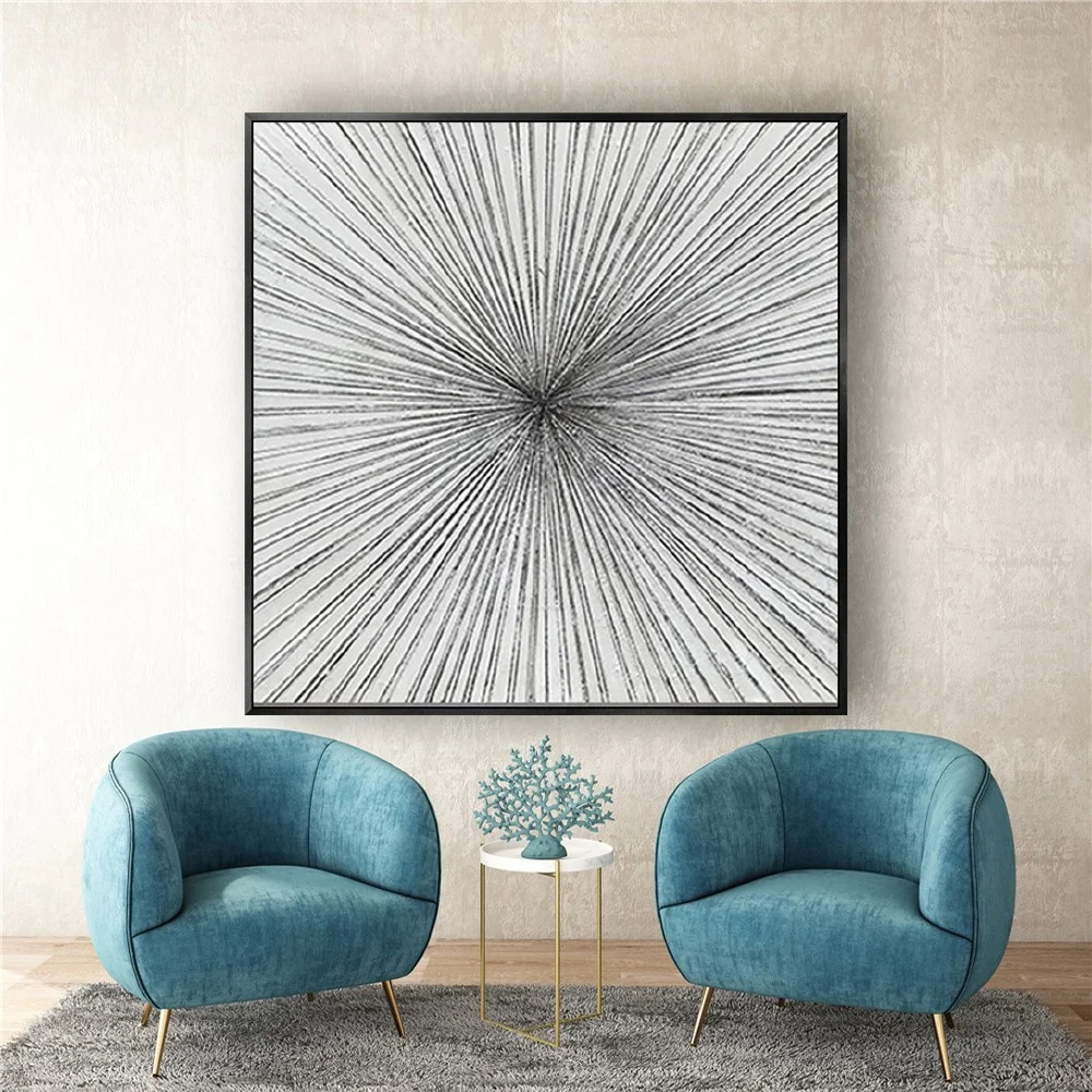 Modern Silver Sunburst Abstract Line Texture Painting