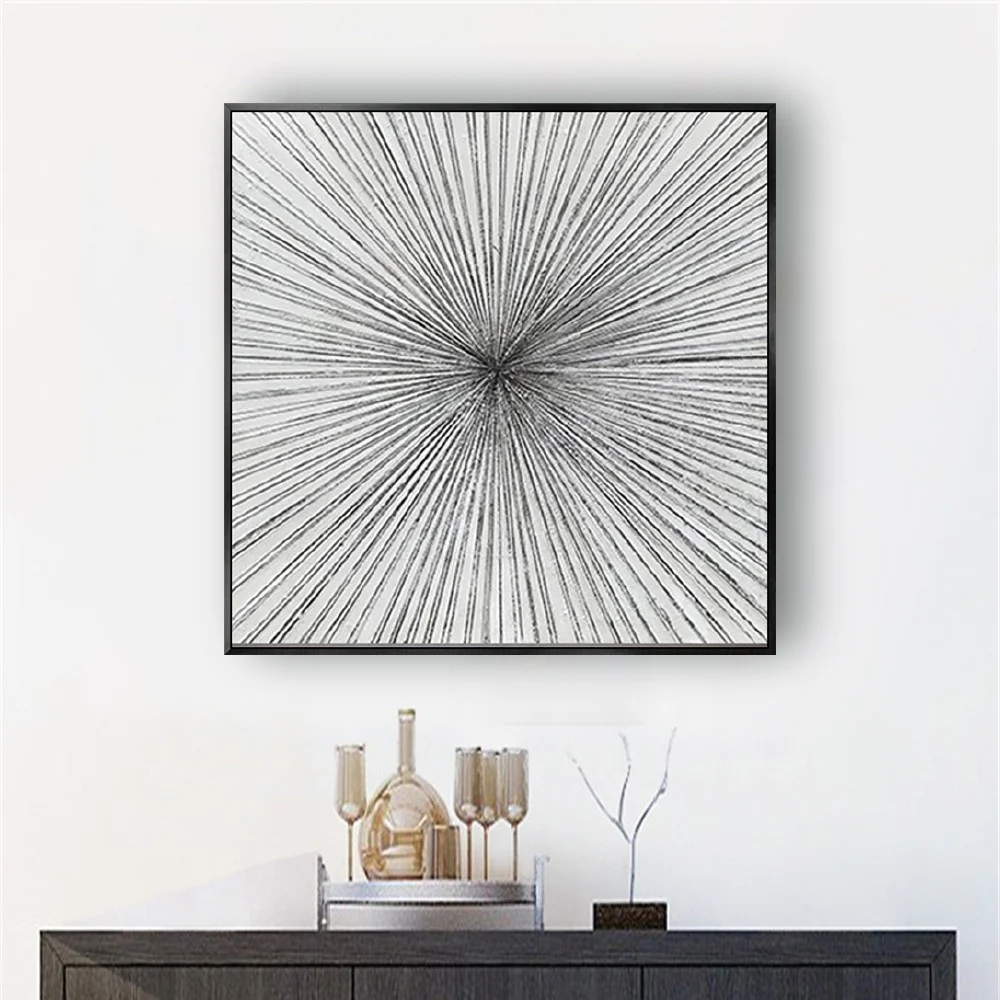Modern Silver Sunburst Abstract Line Texture Painting