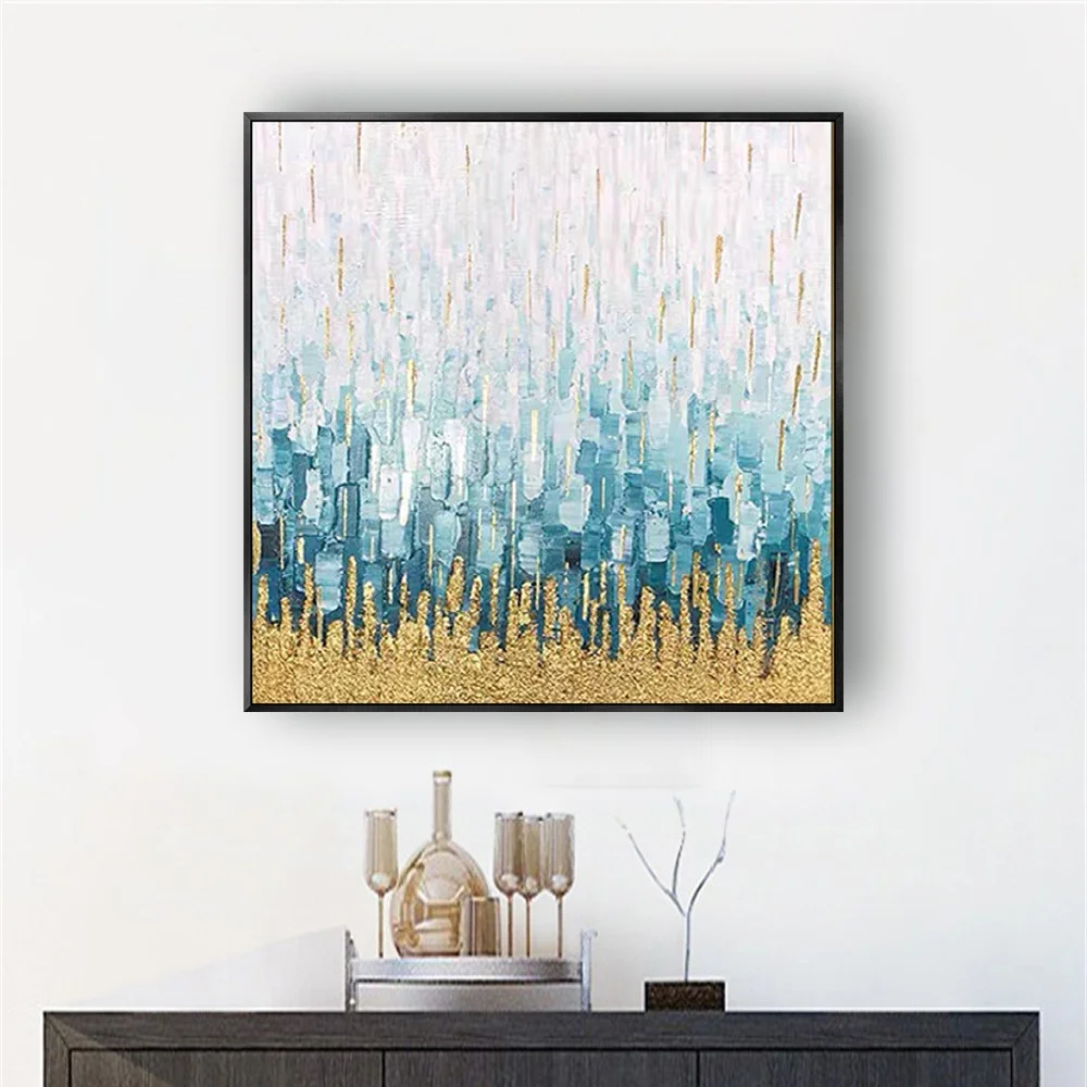 Abstract Blue Gold Glitter Palette Knife Textured Painting
