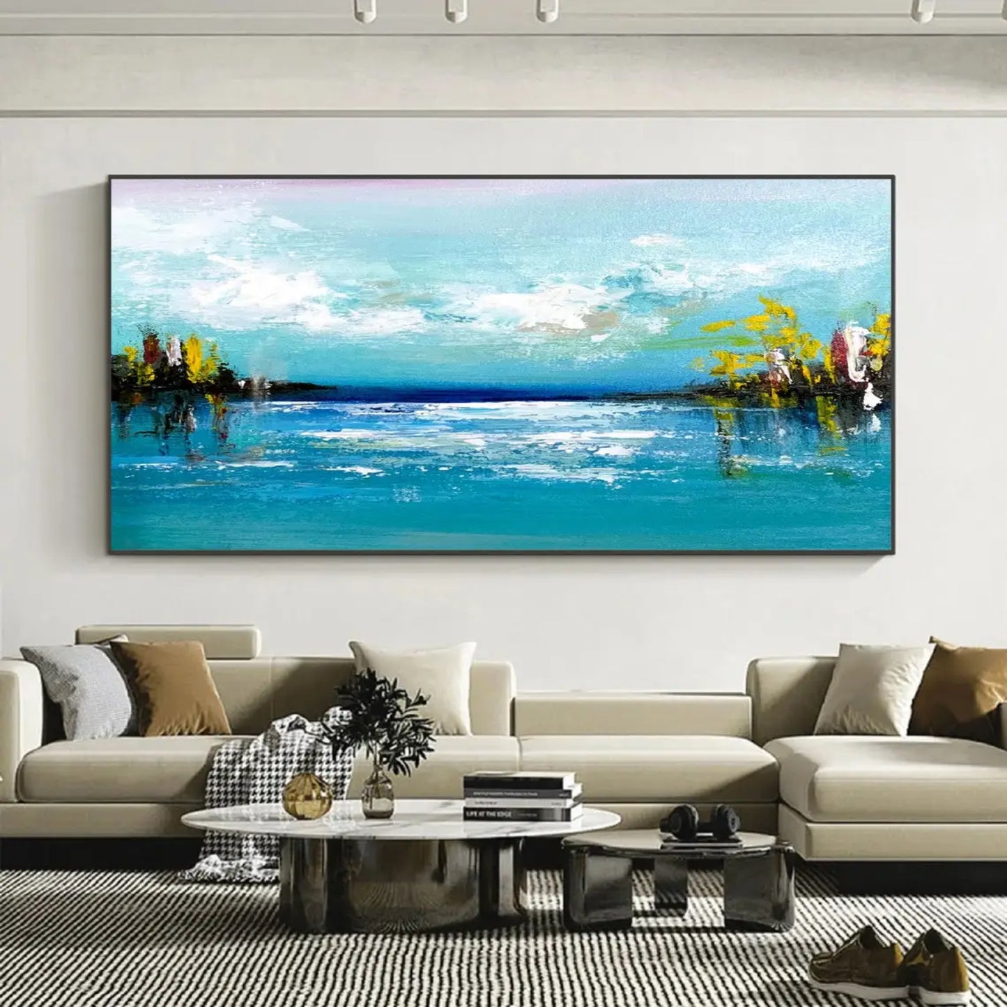 Elegant Blue Serene Lake Textured Modern Painting