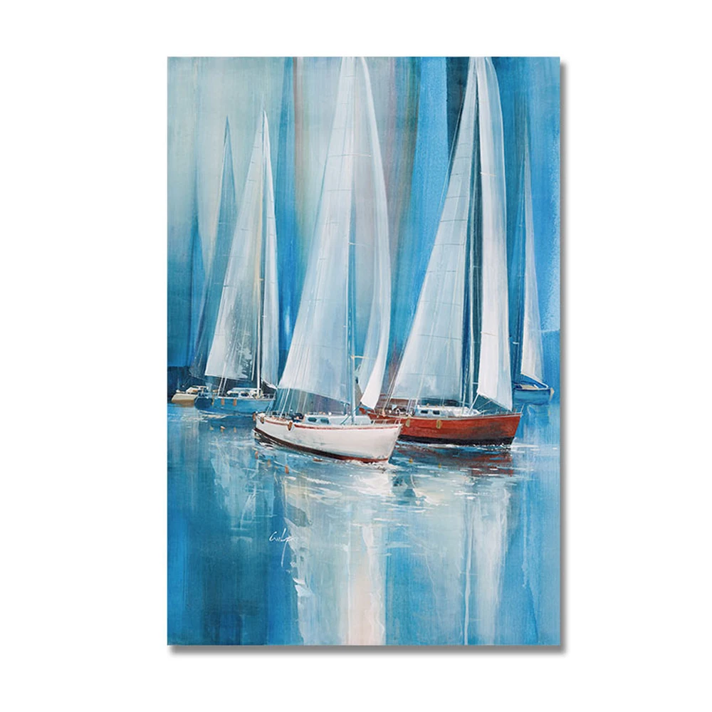 Set of 2 Blue Sailing Boats Textured Seascape Painting