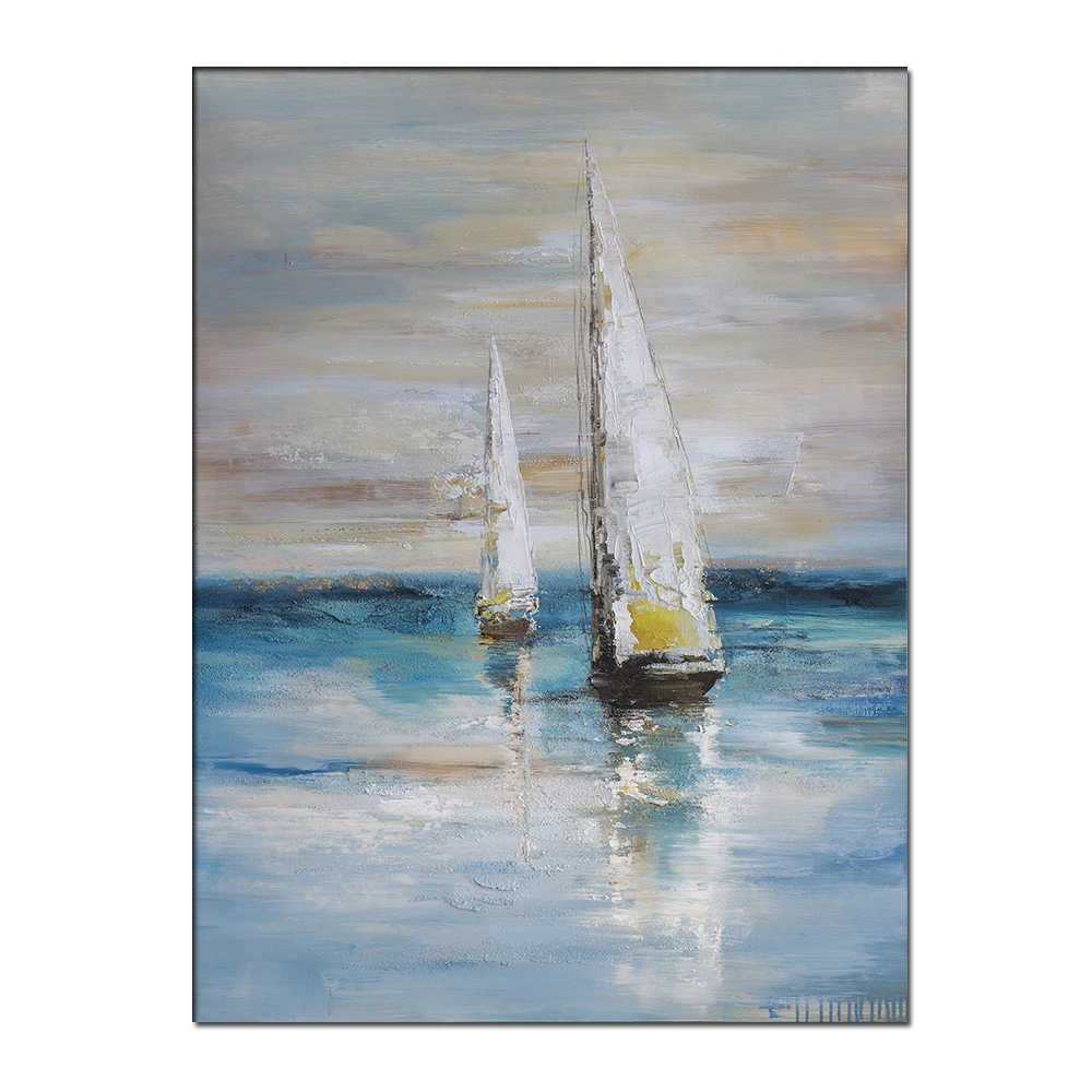 Set of 2 Nordic Style Sea Sailing Boat Textured Oil Painting