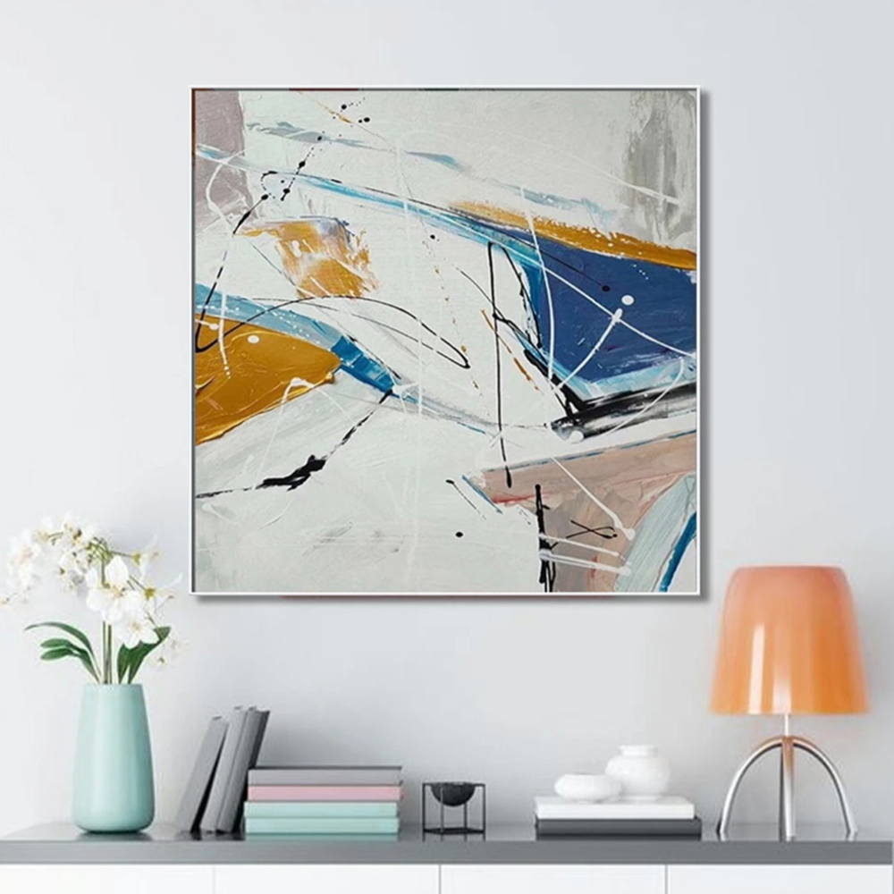 Modern White Blue Nordic Style Abstract Drip Painting