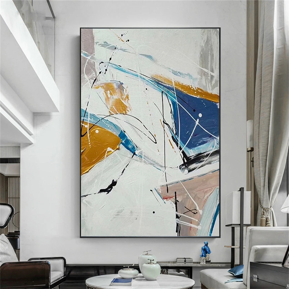 Modern White Blue Nordic Style Abstract Drip Painting