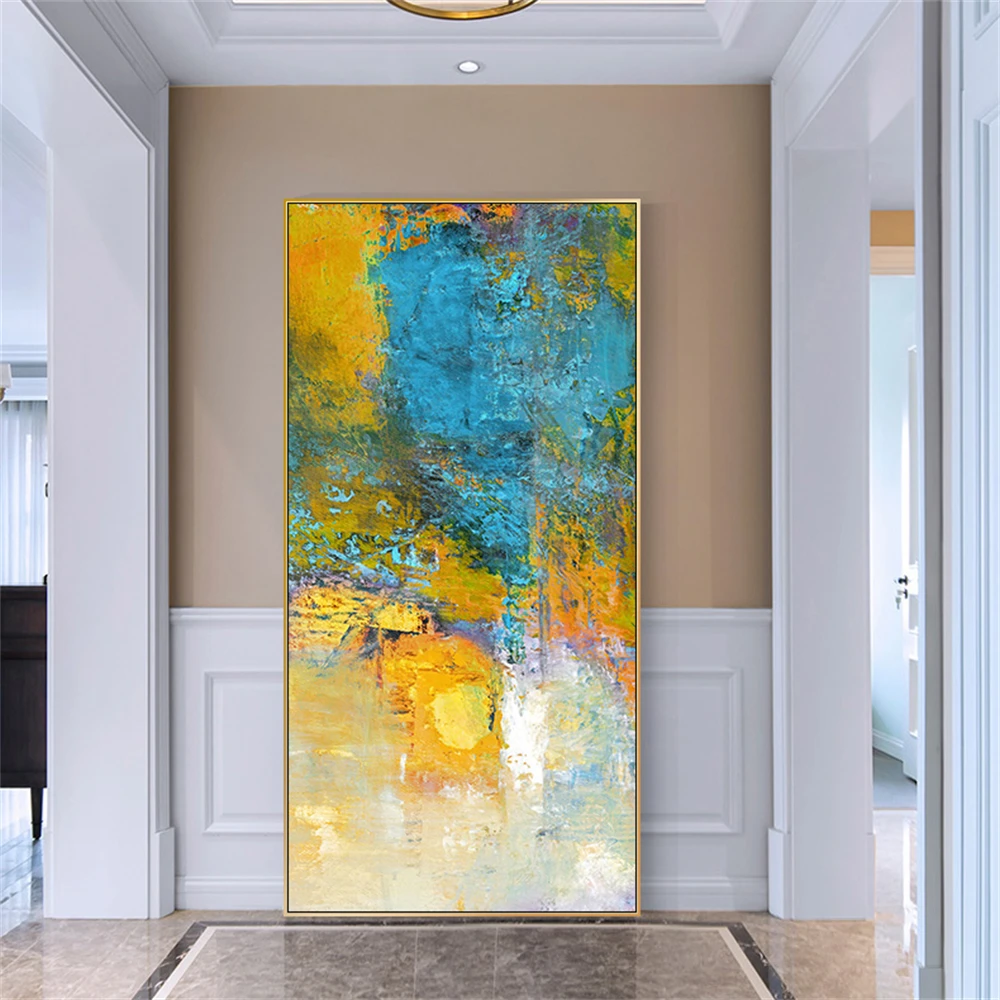 Beautiful Abstract Yellow Blue Textured Large Painting