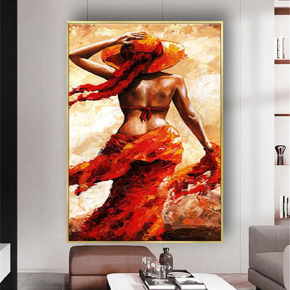 Elegant Red Backless Dress Girl with Hat Wall Art