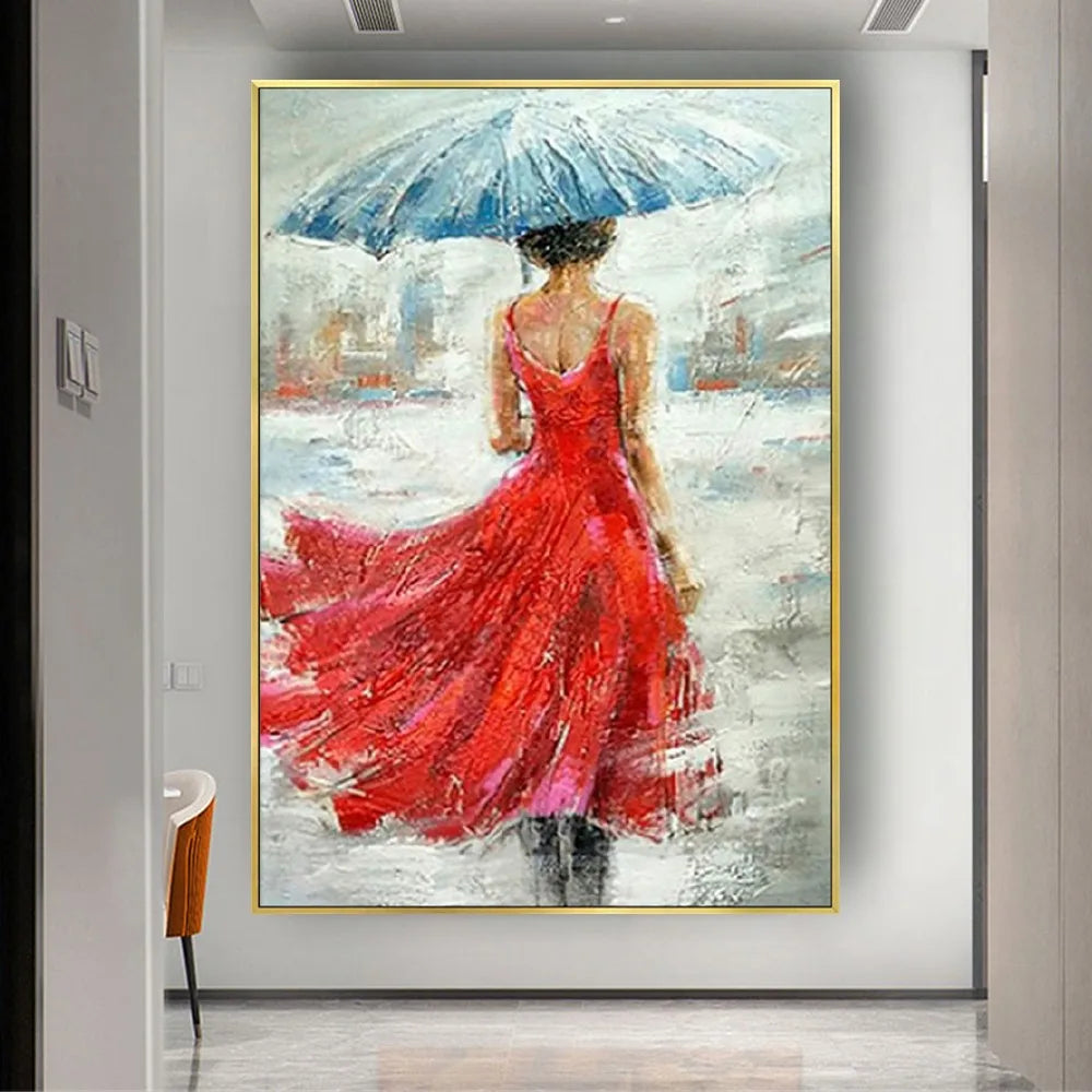 Red Skirt Woman in Rain Textured Home Decor Painting
