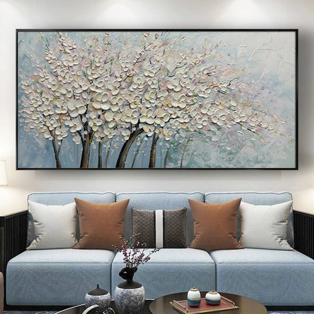 3D Textured White Cherry Blossom Tree Oil Painting