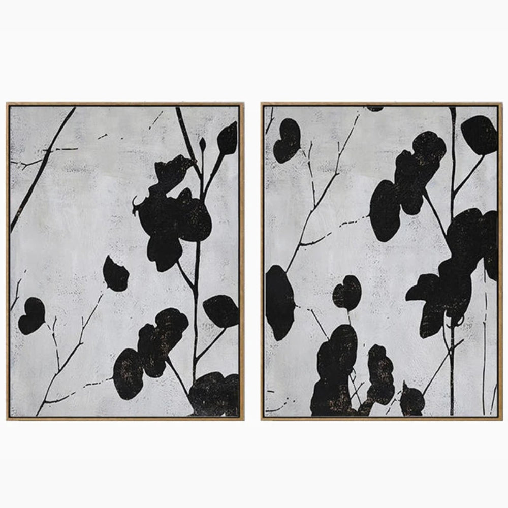 Set of 2 Black White Leaf Branches Minimalist Art