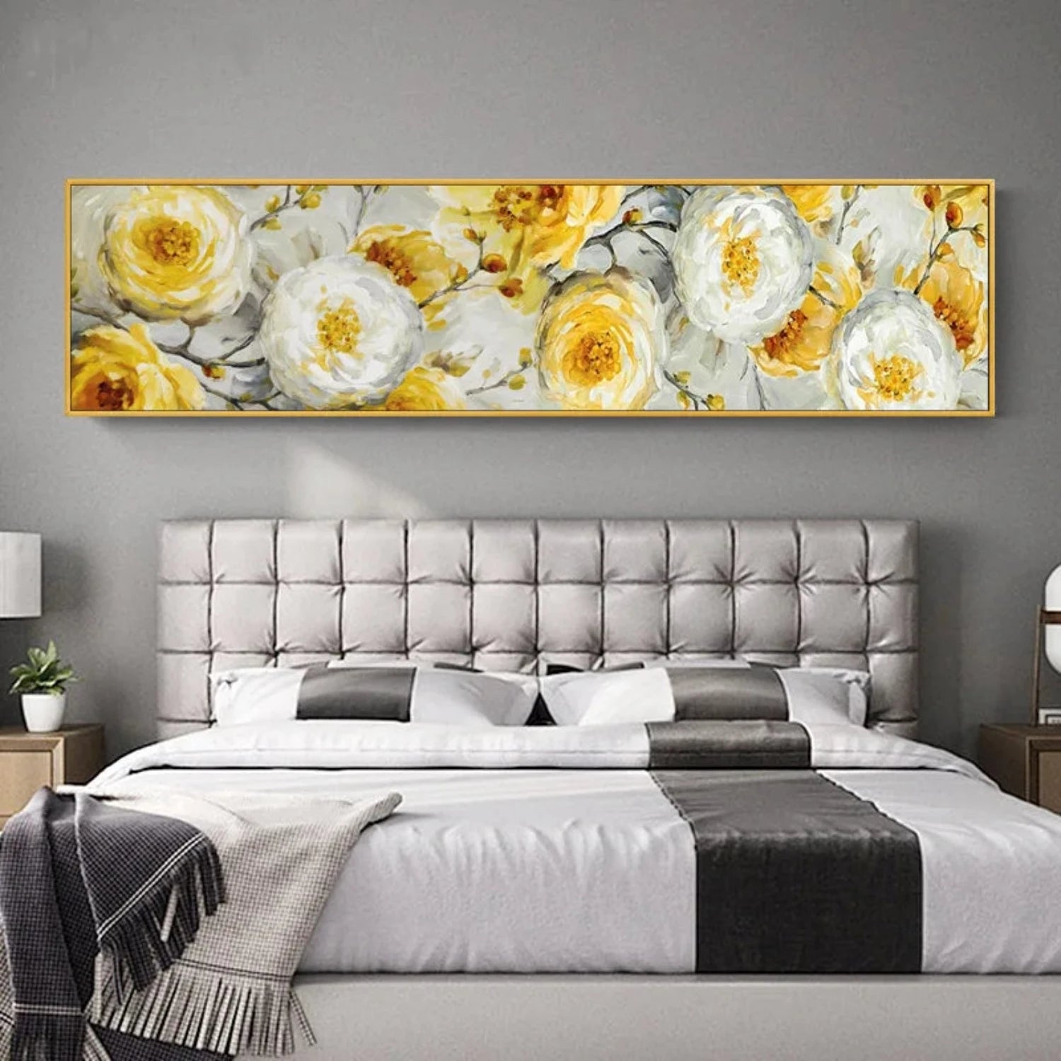 Large Yellow White Peony Flowers Abstract Painting