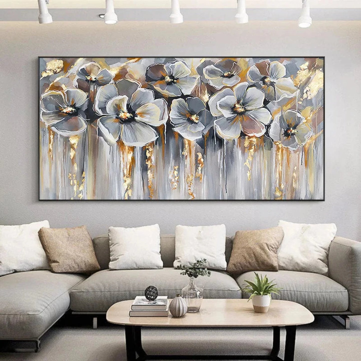 Abstract Grey Gold Flowers Textured Drip Painting