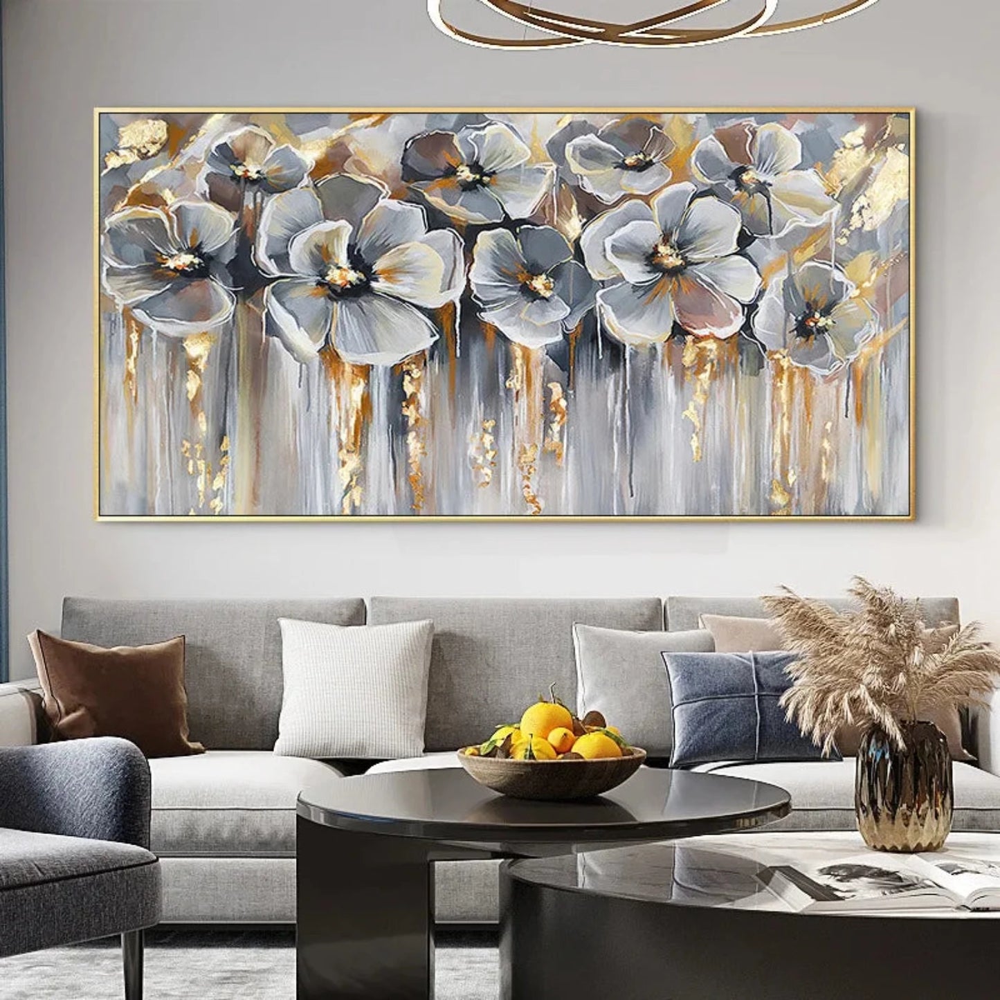Abstract Grey Gold Flowers Textured Drip Painting