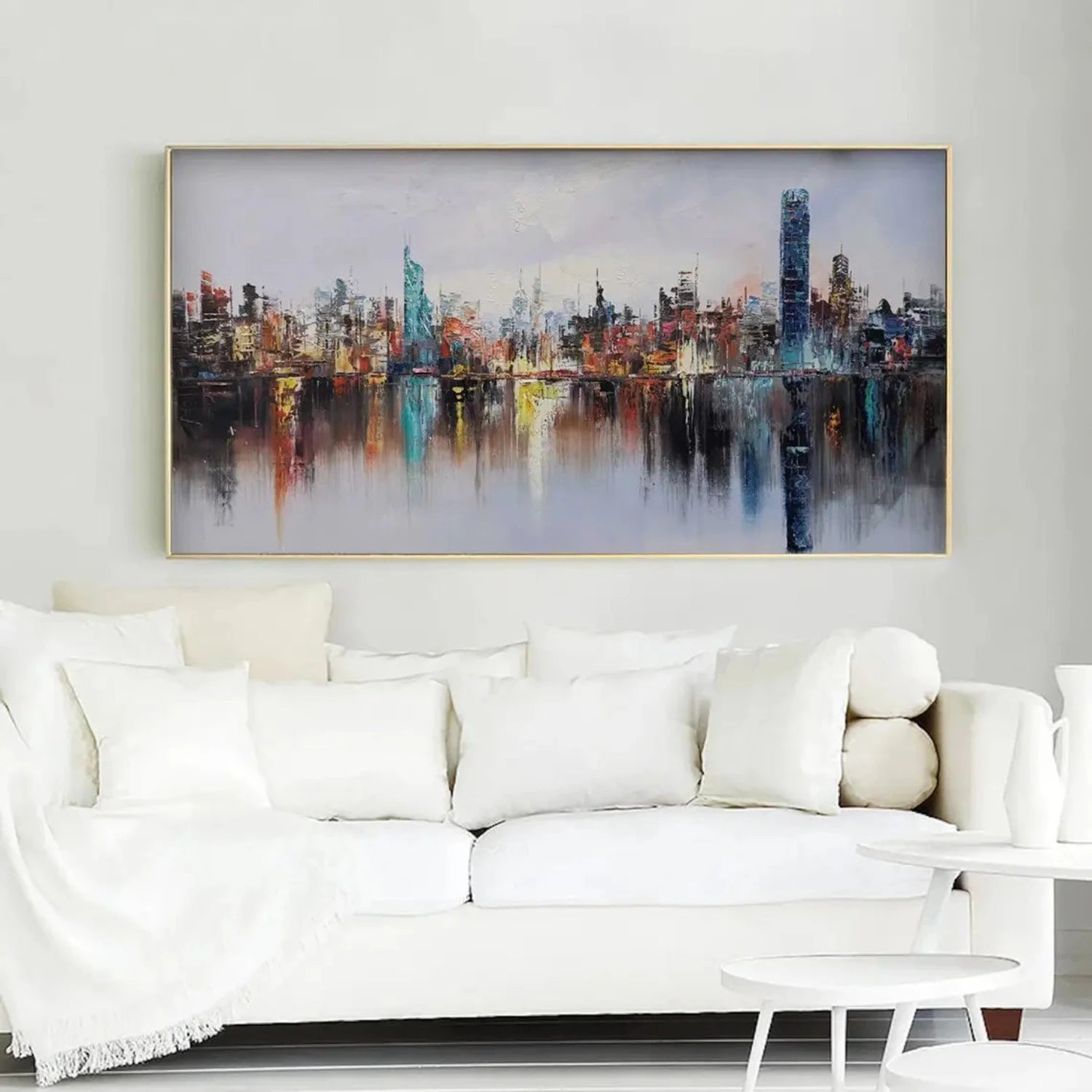 Large Skyline City Water Reflection Abstract Art