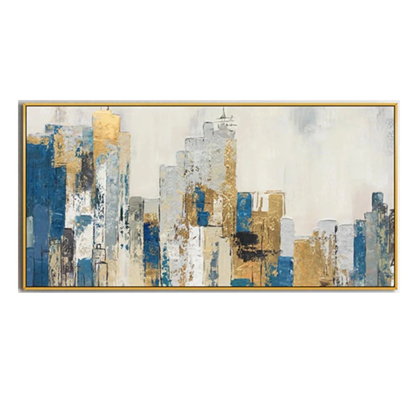 Abstract Blue Gold Textured Cityscape Oil Painting