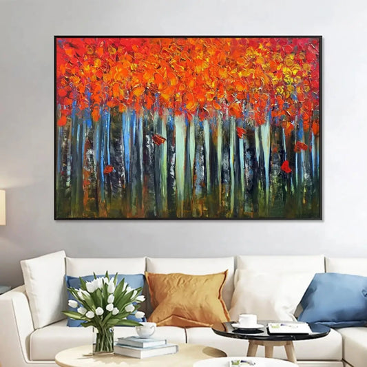 Abstract Thick Textured Red Autumn Forest Painting