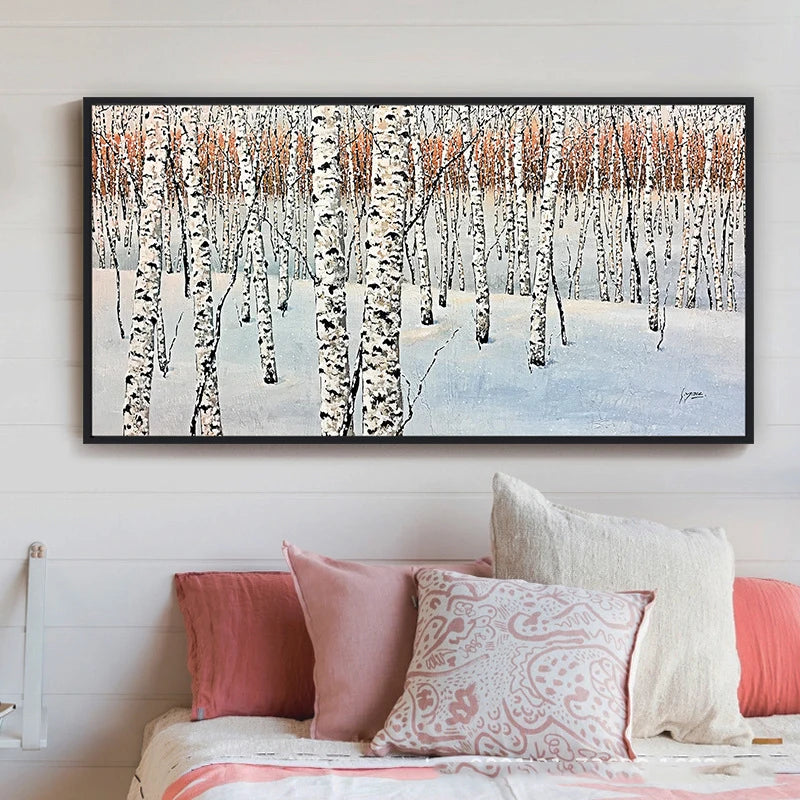 Large Winter Birch Tree Forest Textured Painting