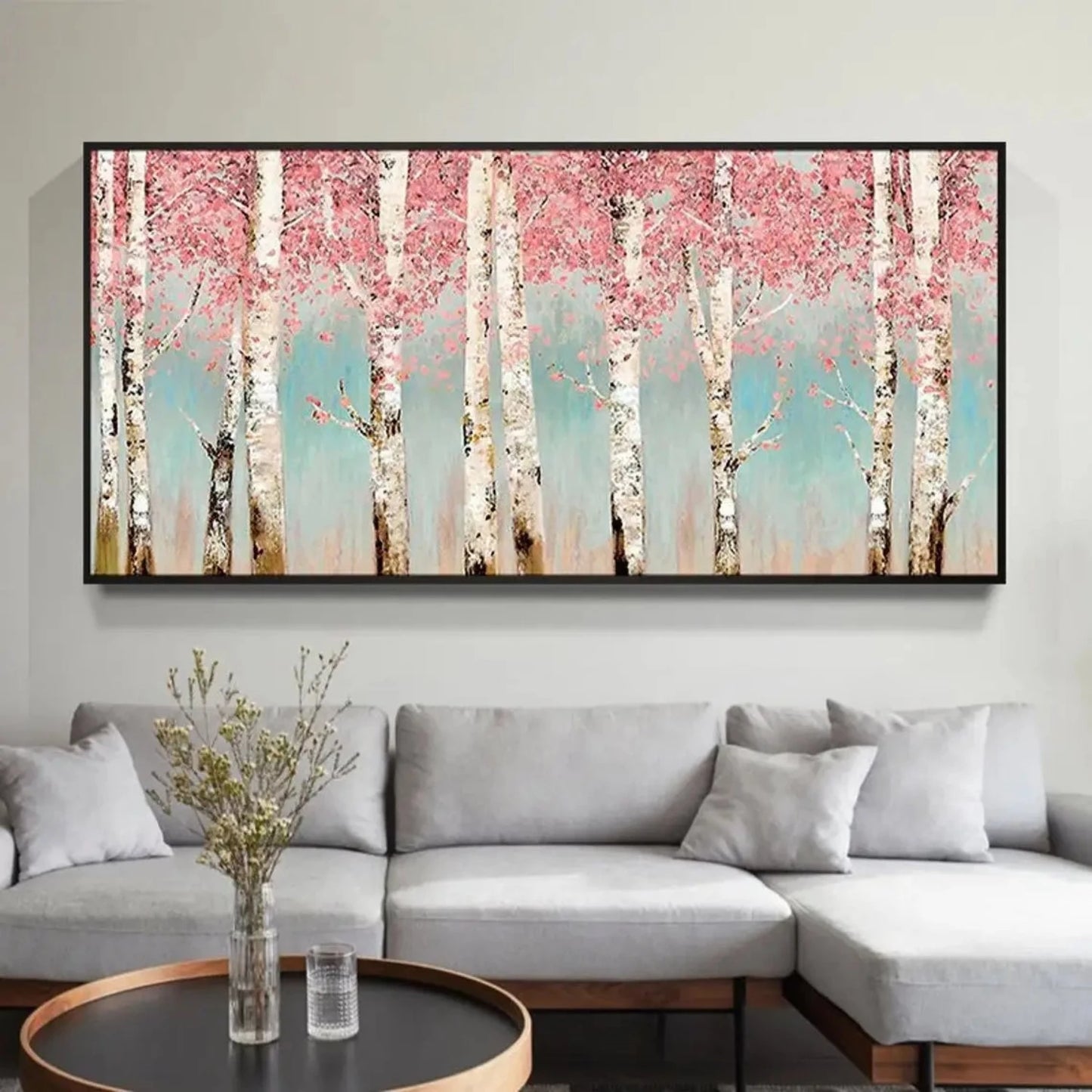 Abstract Pink Birch Forest Landscape Oil Painting