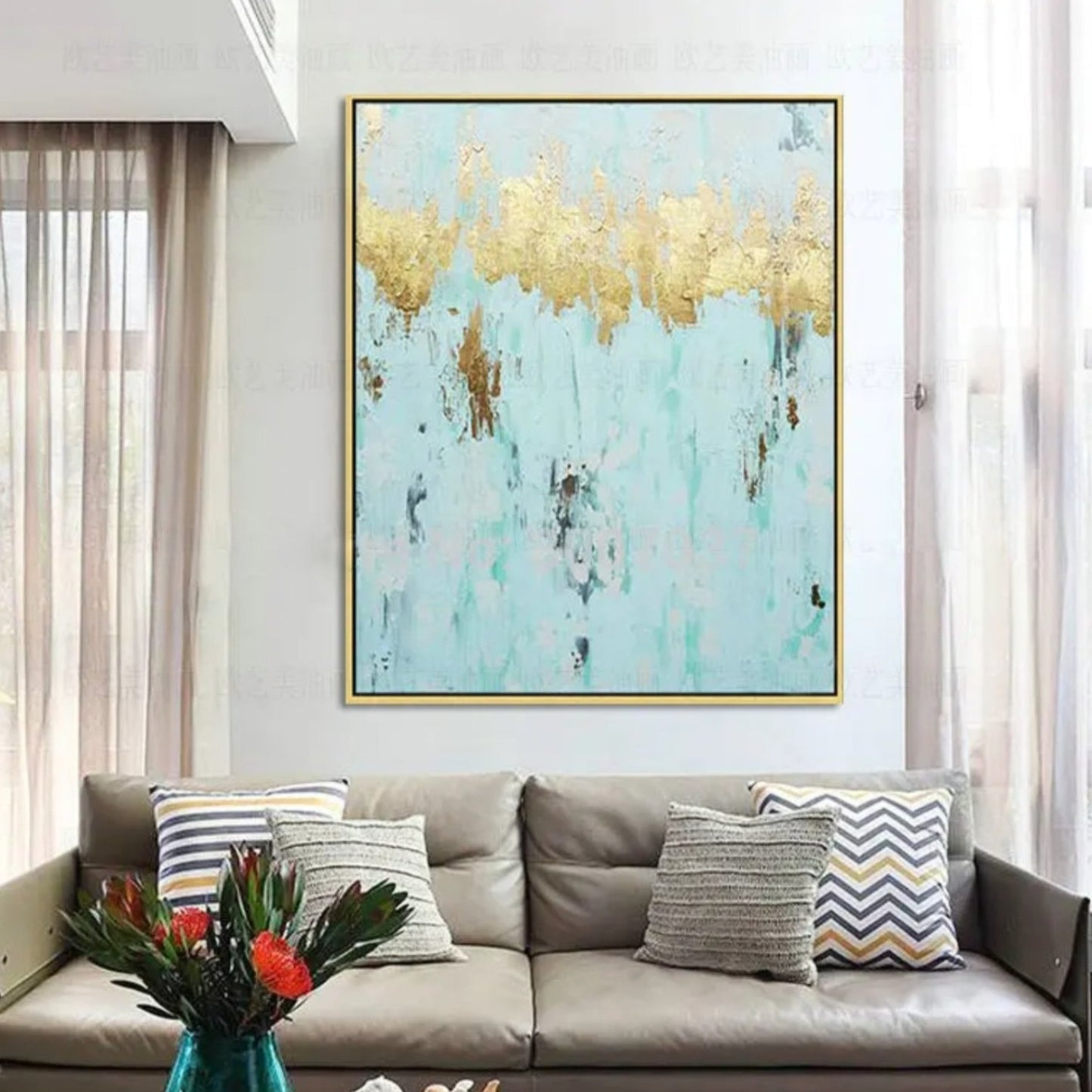 Abstract Aqua Blue and Gold Foil Textured Painting