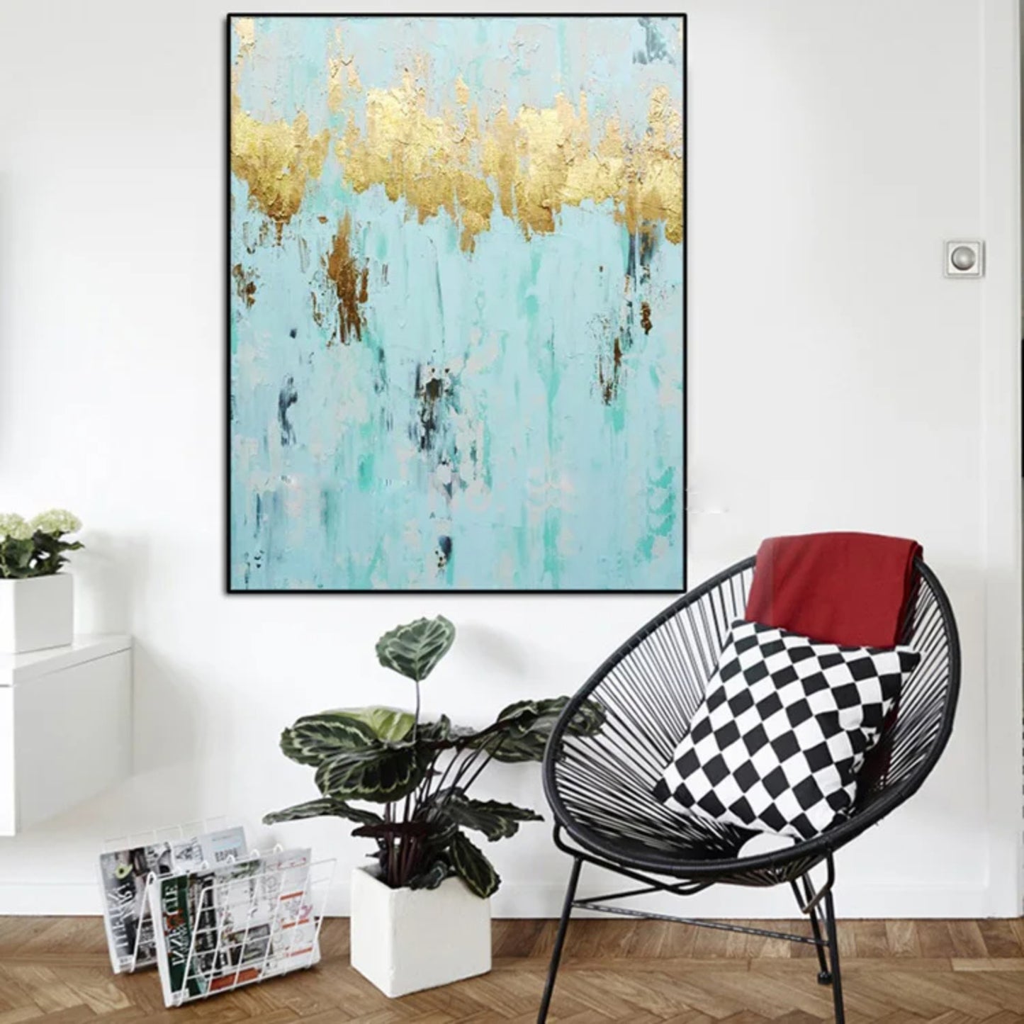 Abstract Aqua Blue and Gold Foil Textured Painting