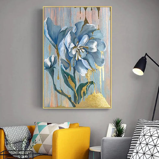American-Style Gold Foil Blue Flower Oil Painting